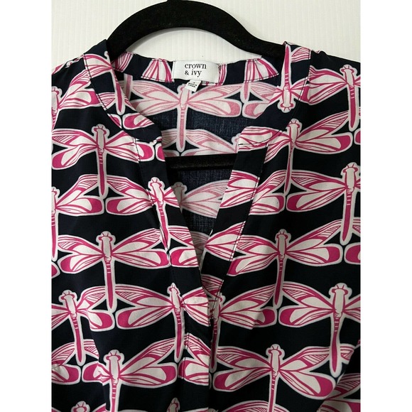 CROWN & IVY Dragonfly Dress Drawstring Waist Long Sleeve Blue/Pink Womens Size 4 - Picture 4 of 6